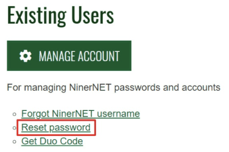 Password reset at ninernet.uncc.edu