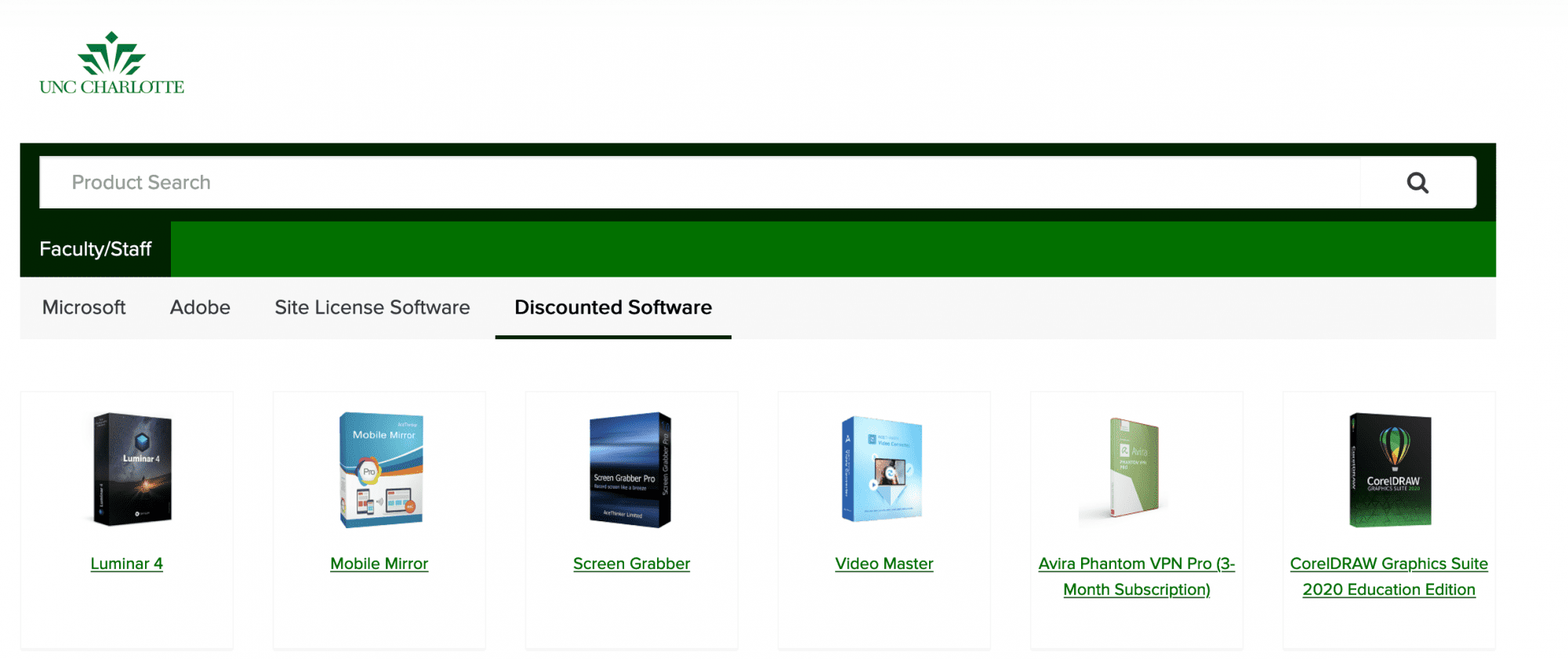 Software.uncc.edu Discounted Software tab preview