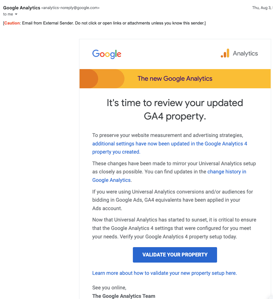 screenshot of google analytics email